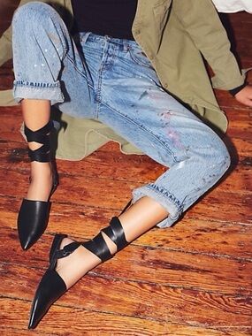 Free People Gold Rush Black Bow Flats with Wide Leather Ankle Ties